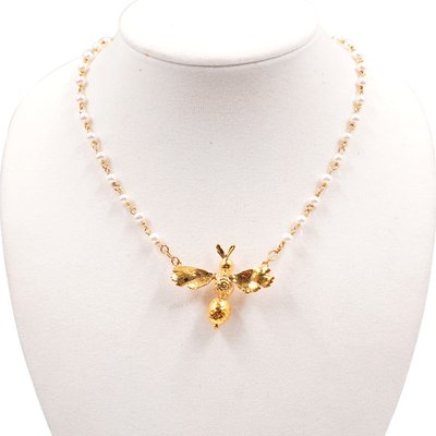 Gold Plated Botanic Wasp on  Pearl  & Chain