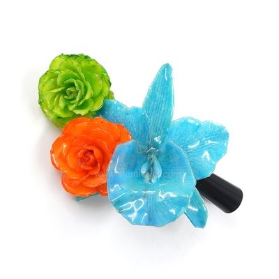 2 Roses & Cattleya on Large Black Metallic Hair Clip