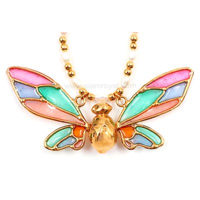 HI Botanic Art Deco Moth Pearl &(GP) Bead 18" Necklace