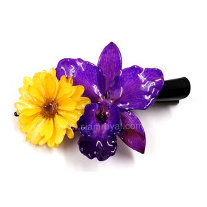 Real Aster reagan & Cattleya on Large Black Metallic Hair Clip