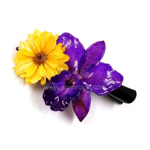 Real Aster reagan & Cattleya on Large Black Metallic Hair Clip