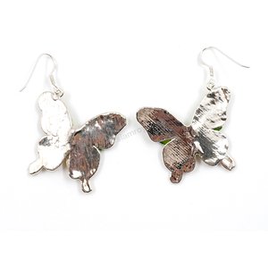 Silver plated Bird's Nest Fern cut into butterfly shape as base is layered with delicate flower Petals in assorted colors in 3D style; preserved in flexible, clear coating. Flower Petal colors can be changed.