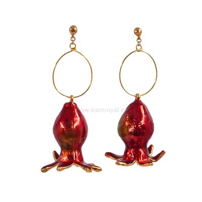 Fancy Pomegranate Dangling Hoop Pierced Earrings (Gold Plated Hoop)