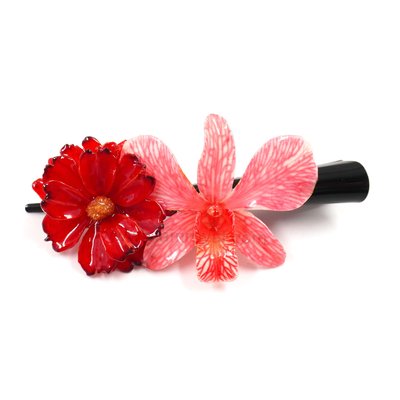 Cosmos & Dendrobium orchid on Large Black Metallic Hair Clip