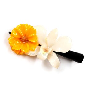 Real Cosmos & Dendrobium orchid on Large Black Metallic Hair Clip