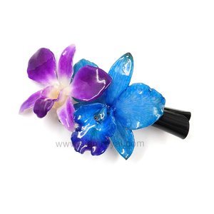 Real Dendrobium orchid & Cattleya on Large Black Metallic Hair Clip