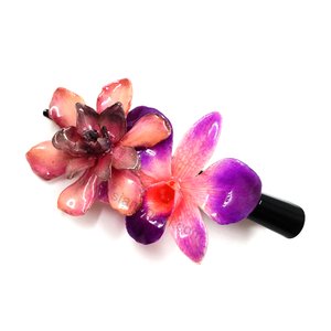 Real Gardenia & Dendrobium orchid on Large Black Metallic Hair Clip