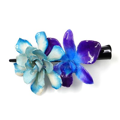 Gardenia & Dendrobium orchid on Large Black Metallic Hair Clip