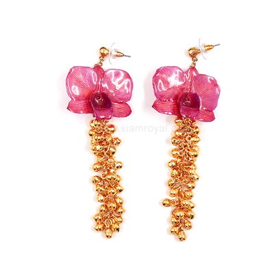 Miniature Dendrobium Orchid & Golden Peppercorn Dangle Earrings