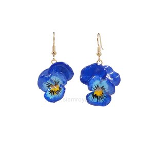 Royal Orchid Collection, Real pansy preserved in clear coating and crafted into earrings. Jewelry in Thailand. Jewelry in Chiang mai.