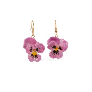Royal Orchid Collection, Real pansy preserved in clear coating and crafted into earrings. Jewelry in Thailand. Jewelry in Chiang mai.
