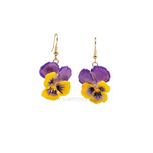 Royal Orchid Collection, Real pansy preserved in clear coating and crafted into earrings. Jewelry in Thailand. Jewelry in Chiang mai.