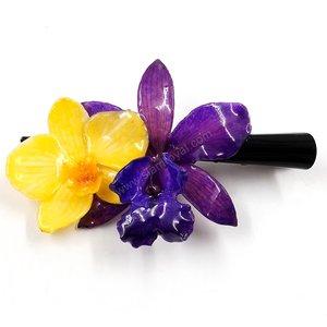 Royal Orchid Collection, Real Phalaenopsis and Cattleya on a 13 cm black metal hair clip, Siam Royal Orchid.